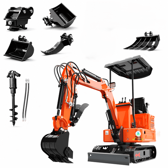 Apexyun 1.2 Ton Mini Excavator 13.5 HP Briggs Stratton Gas Engine 90 Percent Pre-installed Pilot Control with 6 Attachments