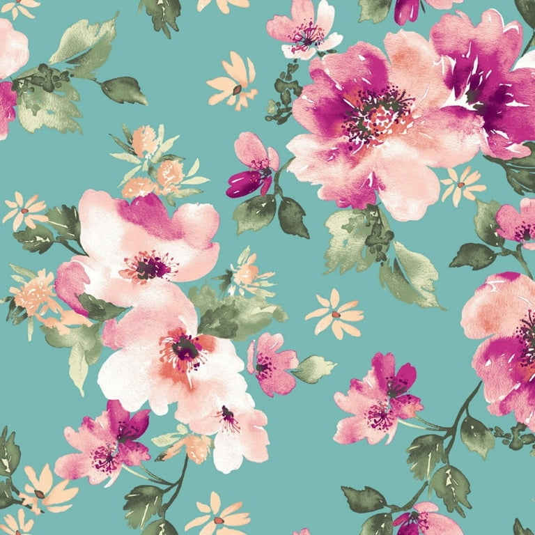 Aqua Fuchsia Medium Flowers Pattern Printed on ITY Stretch