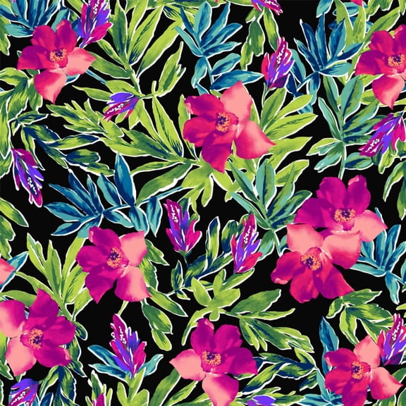 Scuba Crepe Floral Tropical Design Print Fabric By The Yard, Black Coral