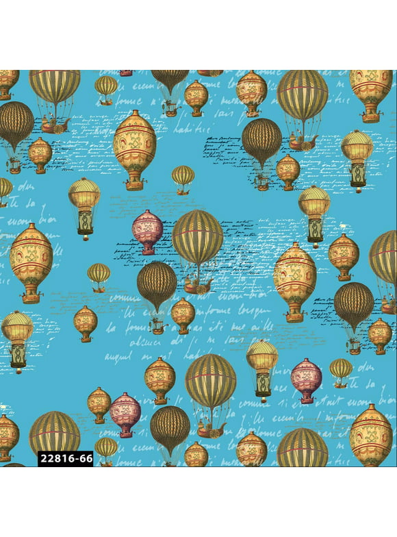 FREE SHIPPING!!! Conversational Vintage Hot Air Balloon Pattern 100% Cotton Quilting Fabric for DIY Projects by the Yard - (Sky Blue, Olive and Gold Yellow) - PRINT FABRIC