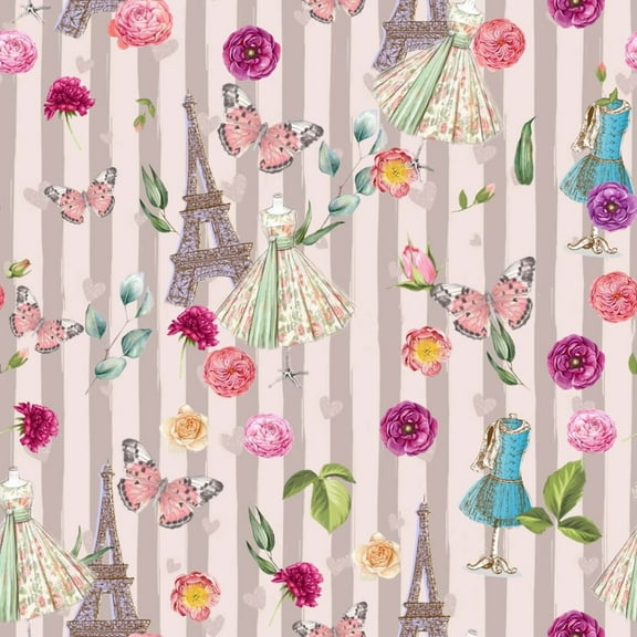 44 Inch 100% Cotton Conversational Quilting Fabric, By the Yard in Pink, Green, Ivory