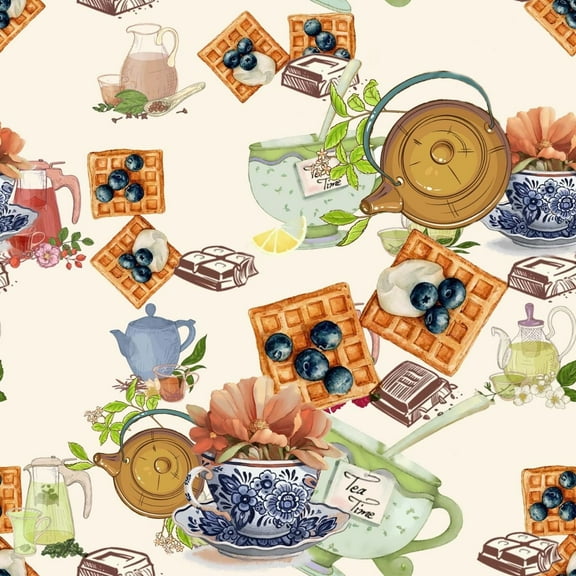 100% Cotton Quilting Fabric, Waffle and Berries Design, By the Yard, Orange, Brown, Blue