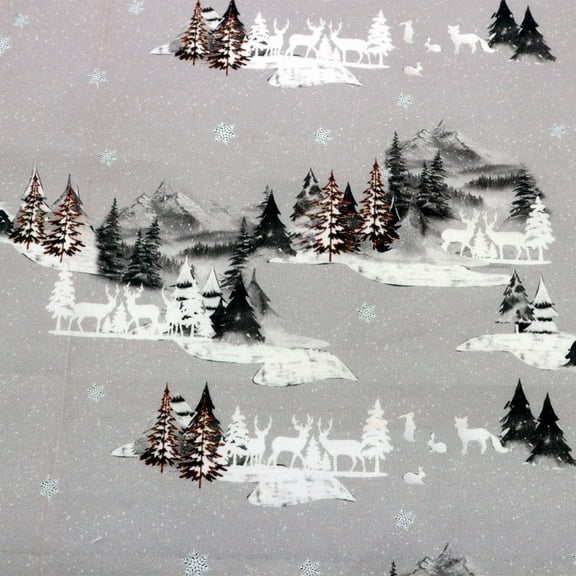 Stylish Fabric 44 in 100% Cotton Quilting Fabric, Winter Forest Friends Design, Holiday Theme, By the Yard, Gray