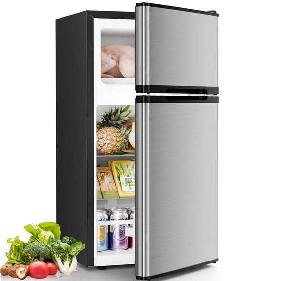 FREE VILLAGE 2.45 Cu.Ft Mini Fridge with Freezer,Compact Mini Refrigerator with Double 2 Door,Adjustable Temperature,Full Size for Home,Kitchen,Dorm,Apartment,Stainless Steel Silver
