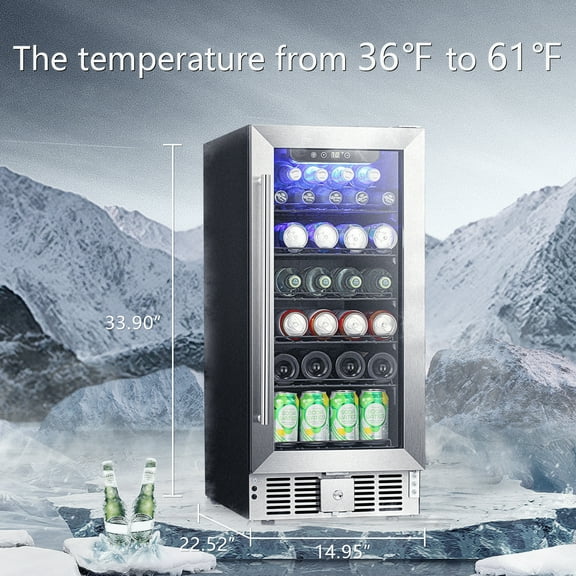 FREE VILLAGE 2.9 Cu.Ft Beverage Refrigerator,115 Can Beer Soda Wine Cooler, Low Noise, Transparent Glass Door, Stainless Steel LED Light, Safety Lock for Home and Bar, Silver, 15 Inch wine cooler