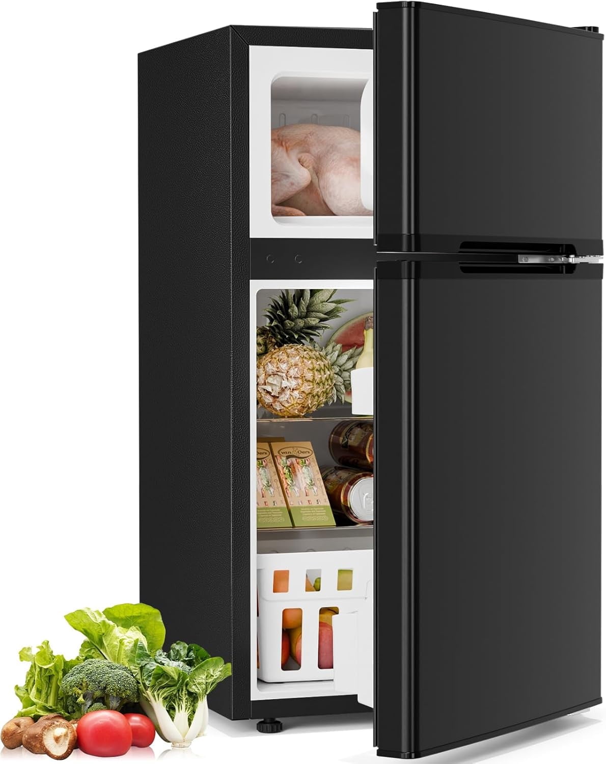 FREE VILLAGE 3.2 Cu.Ft Mini Fridge with Freezer,Compact Mini Refrigerator with Double 2 Door,Adjustable Temperature,Full Size for Home,Kitchen,Dorm,Apartment,Retro Black