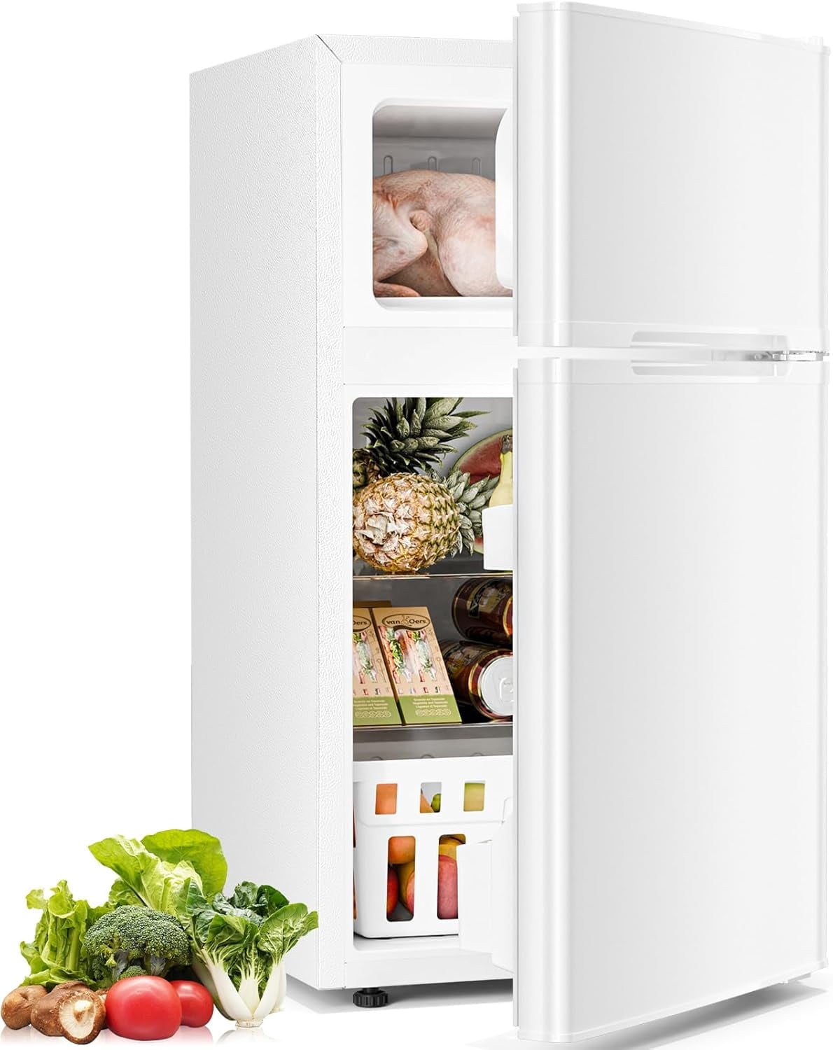 FREE VILLAGE 3.2 Cu.Ft Mini Fridge with Freezer,Compact Mini Refrigerator with Double 2 Door,Adjustable Temperature,Full Size for Home,Kitchen,Dorm,Apartment,Retro White