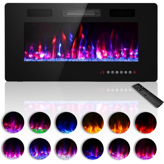 FREE VILLAGE 36 Inch Electric Fireplace Insert Ultra-Thin - Recessed & Wall-Mounted Fireplace Heater with Thermostat,Adjustable 12 Colors Flame,Remote Control with 1 - 8H Timer,Touch Screen,750/1500W