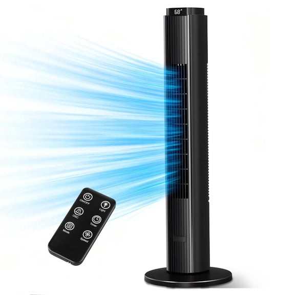 FREE VILLAGE 37 Inches Bladeless Tower Fan with Remote for Bedroom,90°Oscillation Standing Floor Fans that Blow Cold Air with 9H Timer & Child Lock,Ultra Quiet Small Cooling Fans for Office - Black