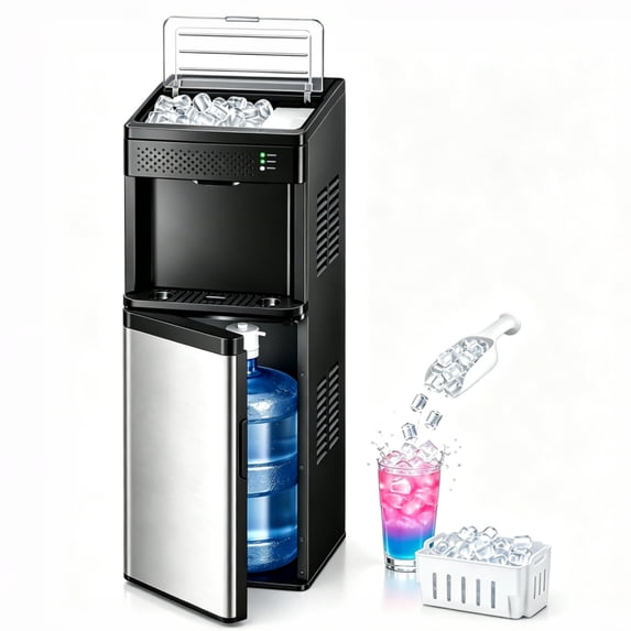 FREE VILLAGE 4-in-1 Water Dispenser with Ice Maker, Bottom-Loading Water Cooler Hot and Cold, Fits 3 & 5 Gallons, 33 lbs per Day Ice Production, Childproof Lock, for Home Office Kitchen, Black