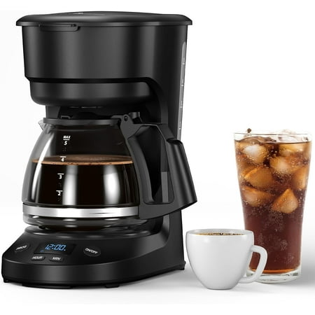 FREE VILLAGE Compact Coffee Machine,5 Cup Drip Coffee Maker with Timing Function,2H Auto Power-off,2H Keep Warm,Pause & Brew,Reusable Filter,and Drip-Free Carafe,Black