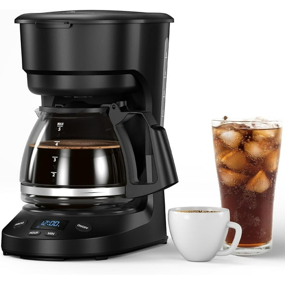 FREE VILLAGE Compact Coffee Machine,5 Cup Drip Coffee Maker with Timing Function,2H Auto Power-off,2H Keep Warm,Pause & Brew,Reusable Filter,and Drip-Free Carafe,Black
