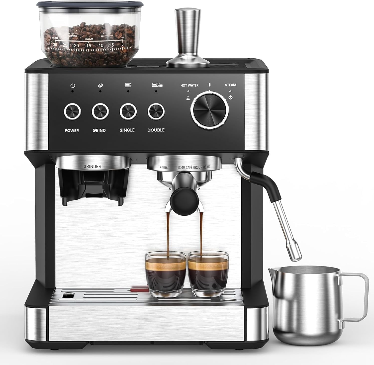 FREE VILLAGE Coffee Maker with Grinder, 20 Bar Expresso Coffee Machines with Milk Frother Steam Wand,Professional Espresso Maker with Removable Water Tank,Cappuccino & Latte Machine for Home