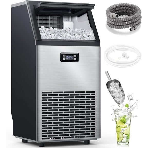 FREE VILLAGE Commercial Ice Maker Machine,100lbs/24H Stainless Steel Ice Machine,33lbs Storage,Auto Self-Cleaning Freestanding Ice Maker,Ice Machine Freestanding for Bar/Cafe/Restauran-Silver