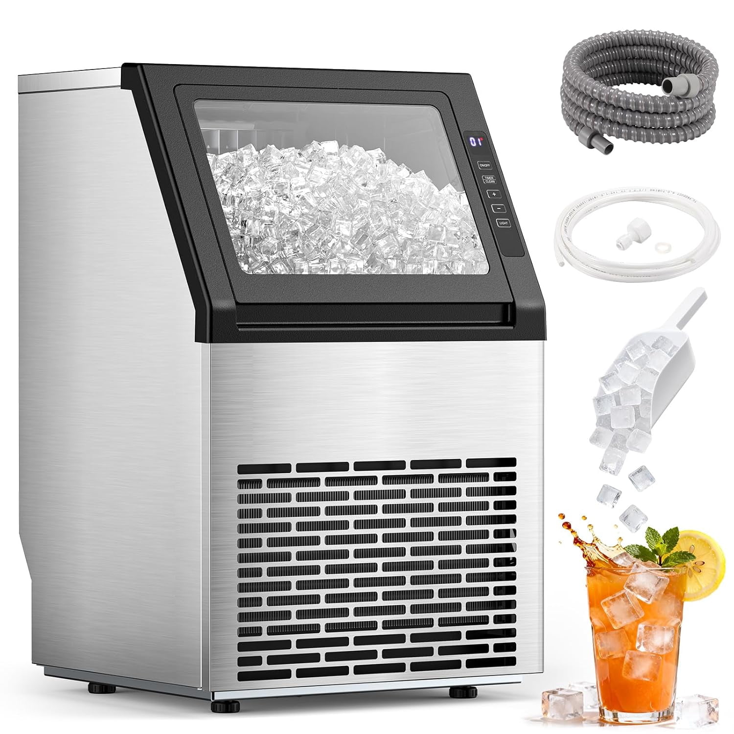 Commercial Ice Maker Machine,80Lbs/24H with 28Lbs Ice Storage Capacity Undercounter ice Machine,Auto Self-Cleaning,Stainless Steel Freestanding Ice Maker for Home/Bar/Restaurant/Outdoor