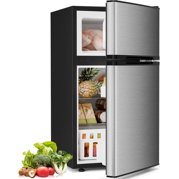 FREE VILLAGE 3.2 Cu.Ft Mini Fridge with Freezer,Compact Mini Refrigerator with Double 2 Door,Adjustable Temperature,Full Size for Home,Kitchen,Dorm,Apartment,Stainless Steel Silver
