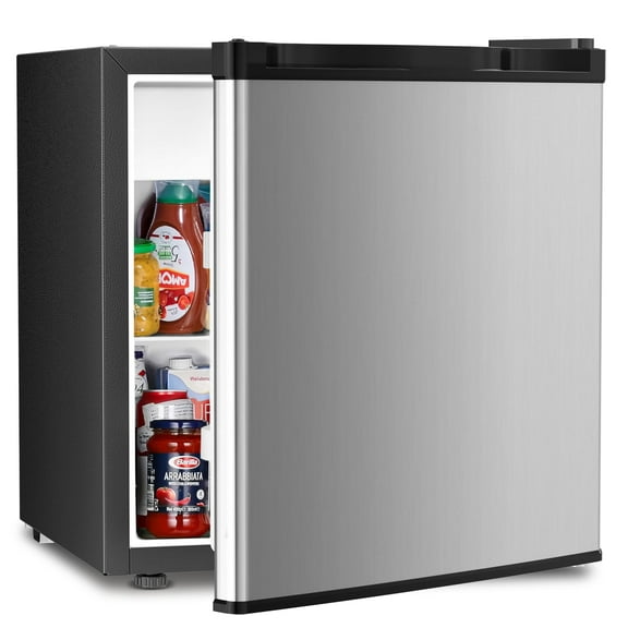 FREE VILLAGE Compact Refrigerator Mini Fridge with Freezer, Single Reversible Door, Dorm Fridge, Wire Shelf, Defrost Button, for Bedroom, Office, kitchen, 1.7 Cu. Ft, Steel
