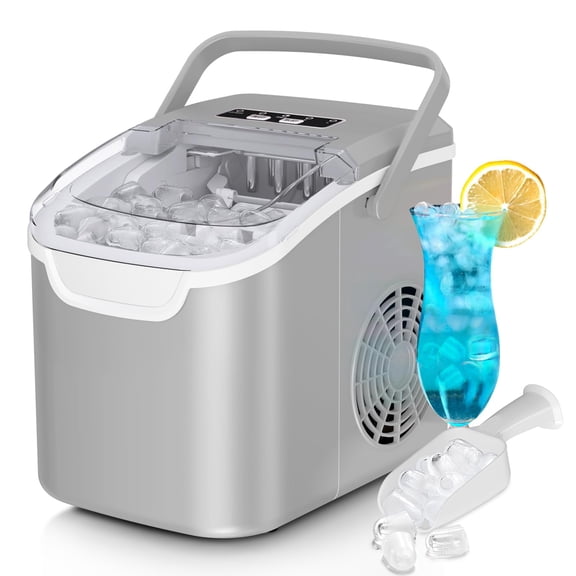 FREE VILLAGE Countertop Ice Maker Machine, 8 Ice Cubes in 6 mins, 26lb/Day Bullet Ice with 2 Sizes- Portable Mini, Energy Saving & Basket/Scoop for Home/Party/Travel/Camping/Bar,Grey