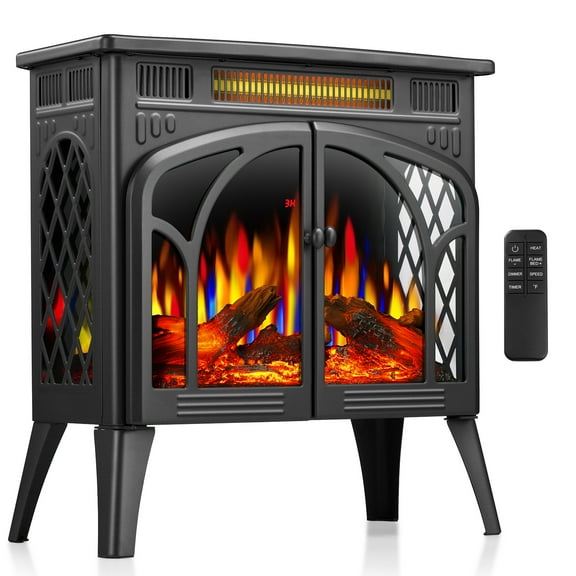 Electric Fireplace Heater 25" with Remote Control,Fireplace Decor Stove with Log Set for Indoor,Different Flame Effects and 5 Adjustable Brightness and Heating Mode,Overheating Safe Design - Gray