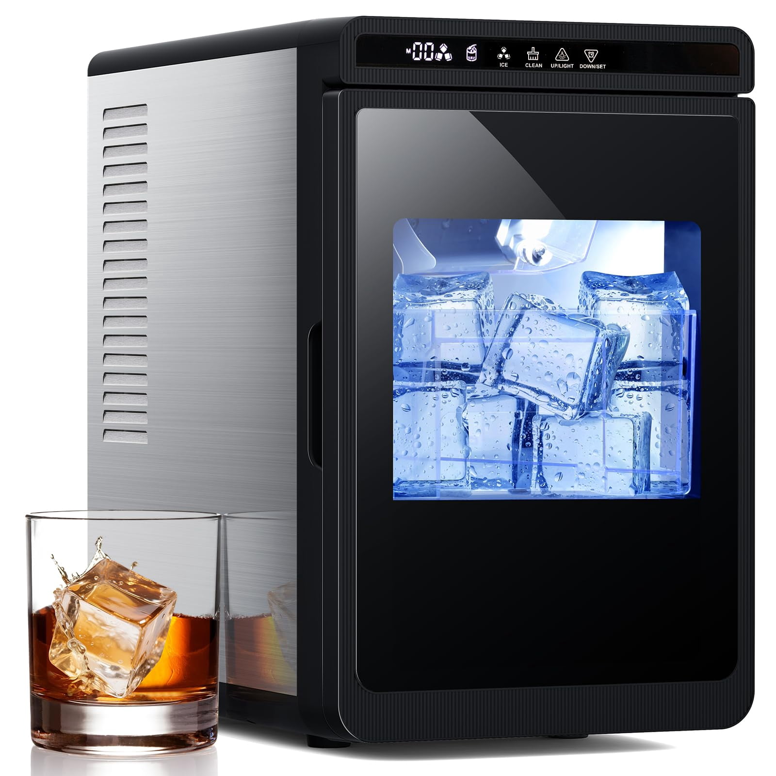 FREE VILLAGE Ice Makers Countertop Machine—Makes 3 Large1.6" Clear Ice Cubes in 15 Mins,24h Timer,Self-Cleaning Ice Maker with 5 Ice Cube Sizes for Cocktails,Whiskey & Bourbon