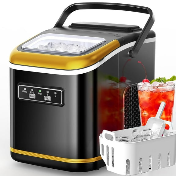 FREE VILLAGE Ice Makers Countertop,Portable Ice Maker Machine with 2 Sizes Bullet Ice,26 lbs/24Hrs,6 Mins/9 Pcs Bullet Ice,Handheld Ice Maker for Kitchen/Home/Office/Party - Black