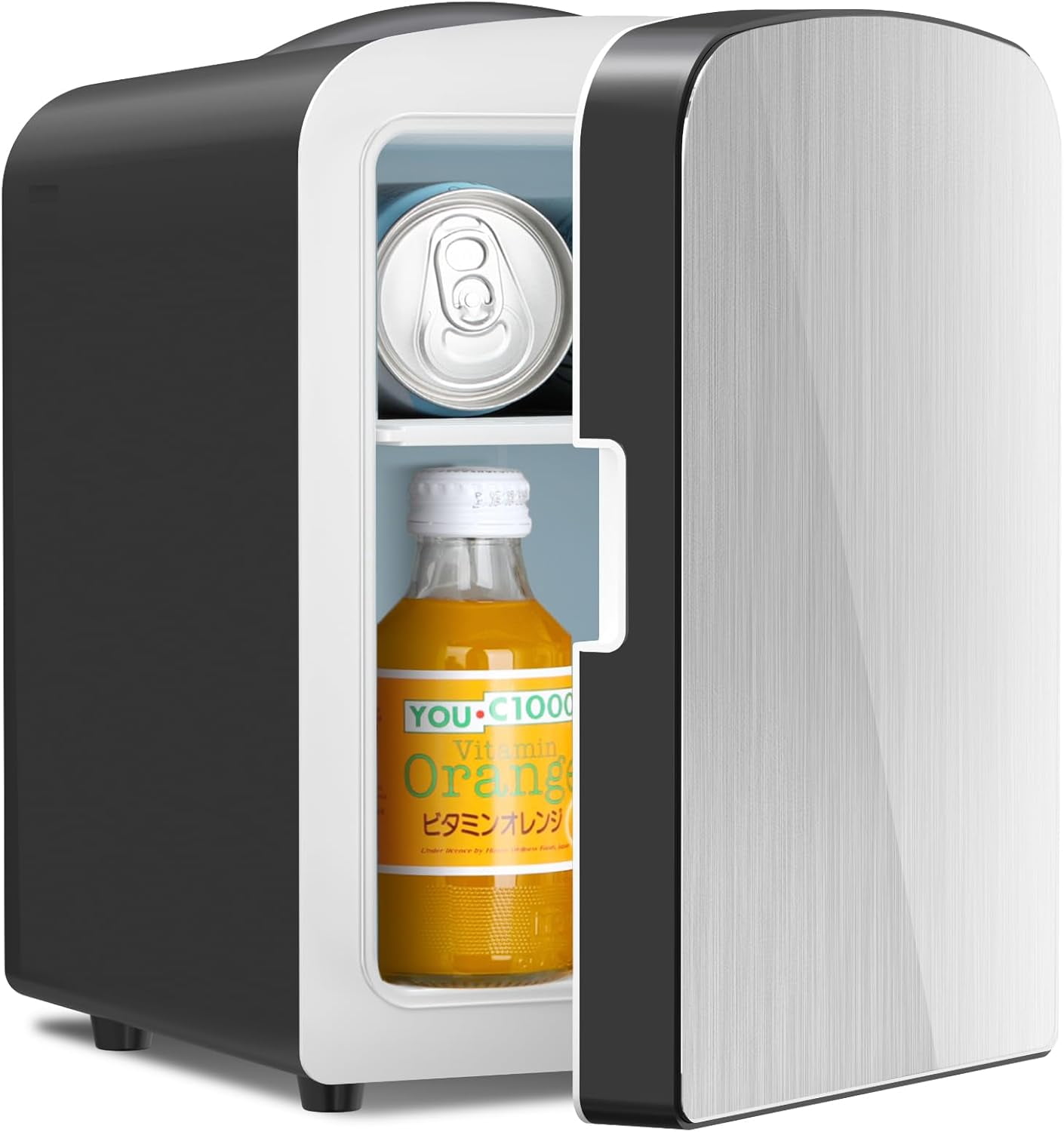FREE VILLAGE 4 Liters/6 Cans Compact Refrigerator,Portable Mini Fridge Makeup & Skin Care for Bedroom,Car,Office & Dorm,Small Cooler for Cosmetics,Magnetic Brushed Stainless Steel Door,White