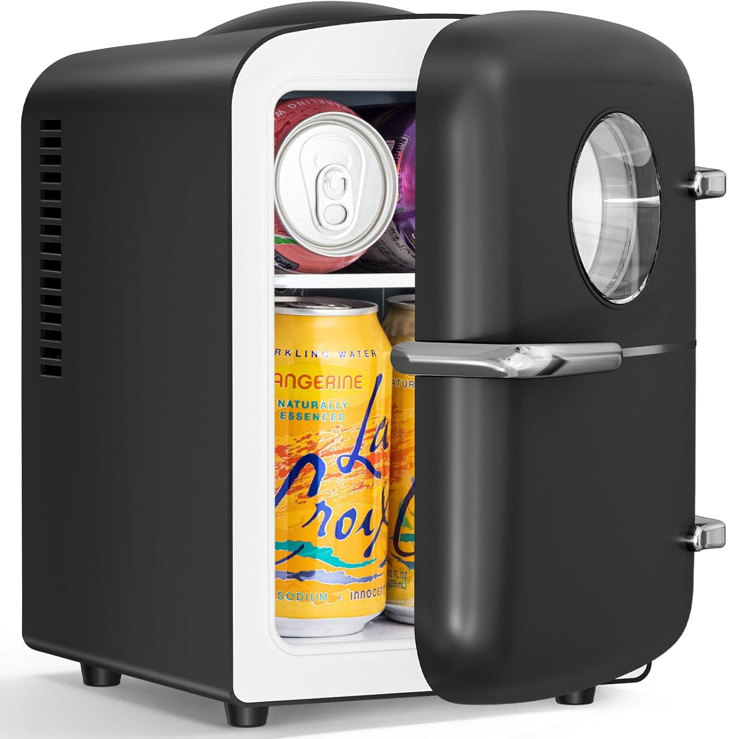 FREE VILLAGE Mini Fridge for Bedroom,4L/6 Cans Small Refrigerator No Freezer for Skincare,Makeup,With Observation Window,Portable Beverage Drink Cooler and Warmer for Kids,Car,Office,Dorm,Black