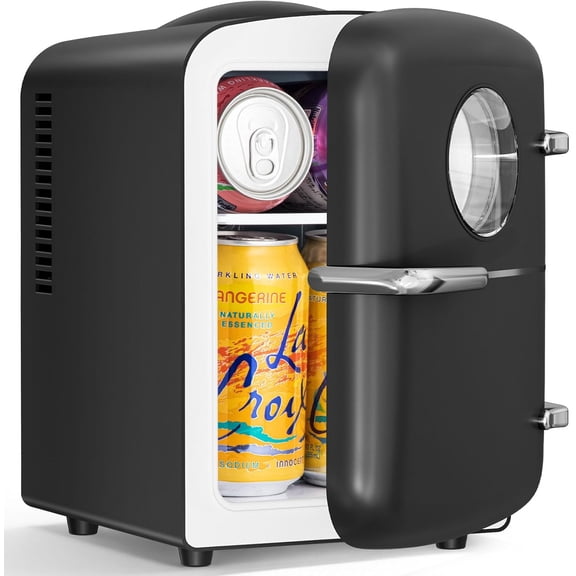 FREE VILLAGE Mini Fridge for Bedroom,4L/6 Cans Small Refrigerator No Freezer for Skincare,Makeup,With Observation Window,Portable Beverage Drink Cooler and Warmer for Kids,Car,Office,Dorm,Black