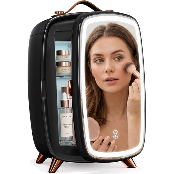 FREE VILLAGE Mini Fridge for Bedroom,6 Liter/9 Can Skincare Fridge With LED Mirror & Leather Carrying Handle,12v AC/DC Cooler Portable Small Refrigerator for Drinks,Makeup,Dorm,Office and Car(Black)