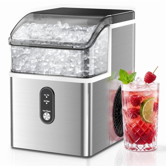FREE VILLAGE Nugget Ice Maker Countertop Ready in 7 Mins,33lbs/24H Chewable Pellet Ice Machine with Self-Cleanin Function,Portable Ice Makers with Ice Scoop & Basket for Home Kitchen Office,Steel