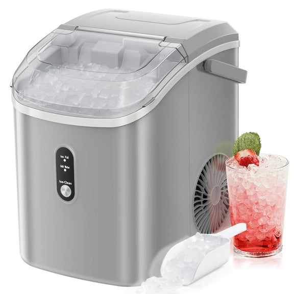 FREE VILLAGE Nugget Ice Maker Countertop, Pebble Ice Maker Machine with Soft Chewable Ice, 34lbs/24H, Self-Cleaning, One-Click Operation, Stainless Steel, Crushed Ice Maker for Home Kitchen Party