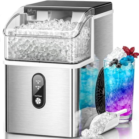FREE VILLAGE Nugget Ice Makers Countertop,Pebble Ice Maker Machine with Soft Chewable Ice,35lbs/24H,Self-Cleaning,One-Click Operation,Stainless Steel, Crushed ice Maker for Home Kitchen Office