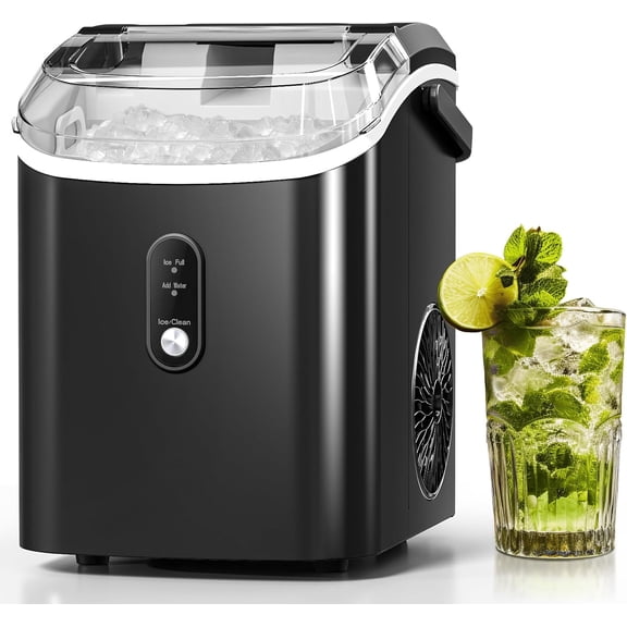 FREE VILLAGE Nugget Ice Makers Countertop,Portable Ice Maker Machine with Self-Cleaning,35lbs/24H,Crushed Ice Machine with Handle & Scoop for Home,Kitchen,Office and Camping - Black