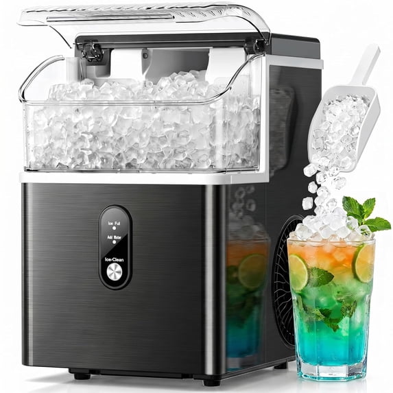 FREE VILLAGE Nugget Ice Makers Countertop,Portable Ice Maker Machine with Self-Cleaning,35lbs/24H,Crushed Ice Machine with Handle & Scoop for Home,Kitchen,Office and Camping - Black