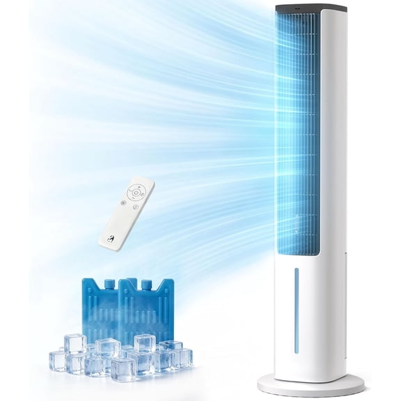 FREE VILLAGE Portable Air Conditioners Fan,40Standing Tower Fans that Blow Cold Air,80 Oscillating Evaporative Air Cooler,Removable Water Tank, Ice Packs, Remote Control, 4 Speeds 3 Modes,15H Timer