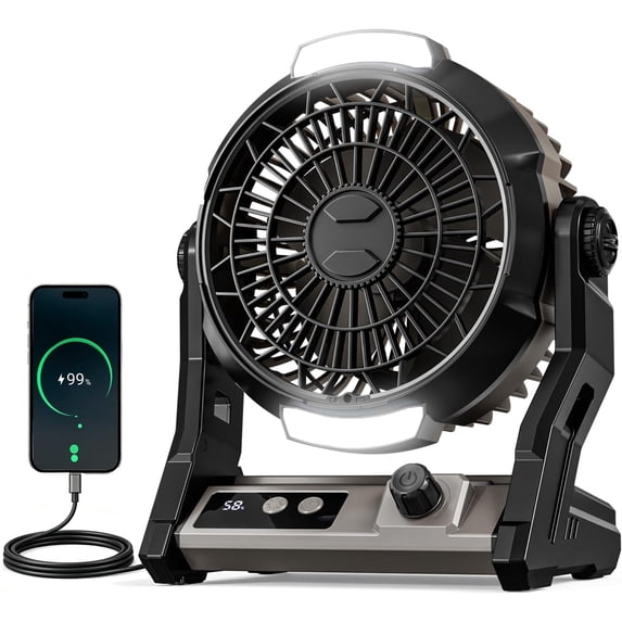 FREE VILLAGE Portable Fan Rechargeable,10000mAh(25Hrs) Cordless Battery Powered Fan with LED Lantern,USB C Battery Operated for Travel Bedroom Home Camping Tent Office Beach Desk Fishing Table - Gray