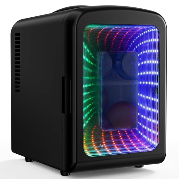 FREE VILLAGE Portable Mini Fridge 4L Capacity/6 Cans,Mini Compact Refrigerator with Gaming Light for Bedroom,Car,Office and Dorm,Small Skincare Fridge Beverage Cooler for Drinks and Food,Black