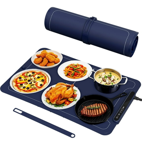 FREE VILLAGE Warming Mat for Food, 3-Temp Electric Warmer (140/176/212°F), 250W Low Energy, Auto Shut-Off & Child Safety Lock, Portable Roll-Up Silicone Heating Pad for Home Daily Use, Buffets,Blue