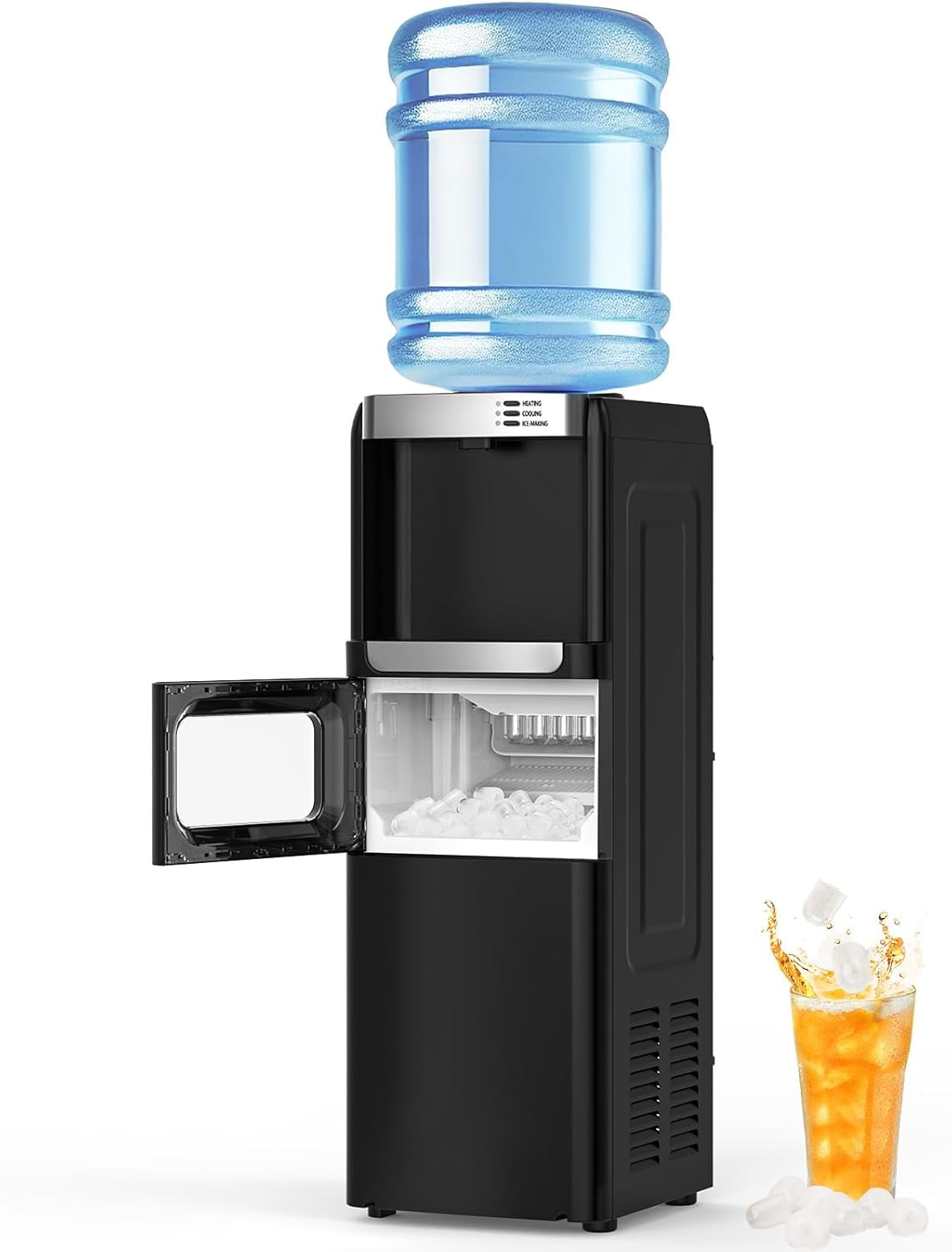 FREE VILLAGE Water Dispenser with Ice Maker,3-in-1 Water Cooler with Ice Maker, Hot & Cold Top-Loading Water Dispenser for 5 Gallon Bottle,33LBS/24H Ice Maker Output,Black