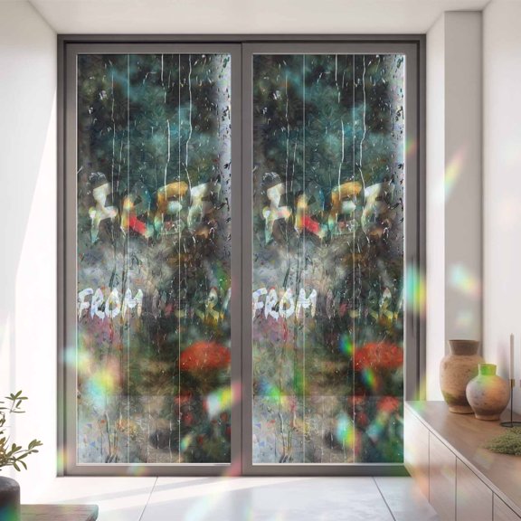 FREE FROM WORRY Words Window Privacy Film, Rainbow Film Decorative Window Sticker 35.4x78.7in, Glass Raindrops Sun Blocking Static Stained Glass Cling Tint Non-Adhesive