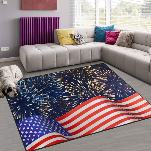 FREEAM 4th of July Non Slip Area Rug for Living Dinning Room Bedroom Kitchen, (20 x 31 Inch), American Flag Firework Nursery Rug Floor Carpet Yoga Mat