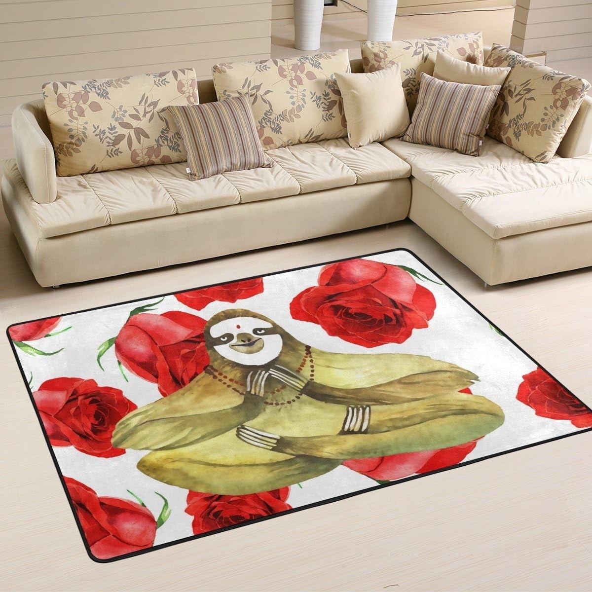 FREEAM Animal Area Rug 2'x3', Watercolor Yoga Sloth with Rose Flower ...