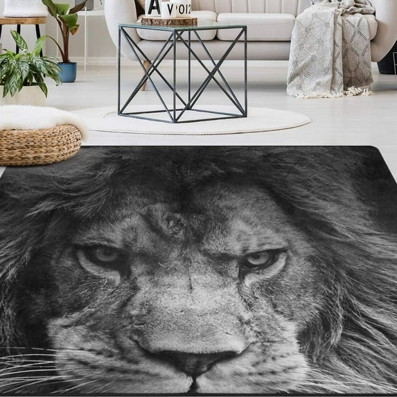FREEAM Animal Lion Area Rug 5'x7', Black and White Lion Polyester Area Rug Mat for Living Dining Dorm Room Bedroom Home Decorative