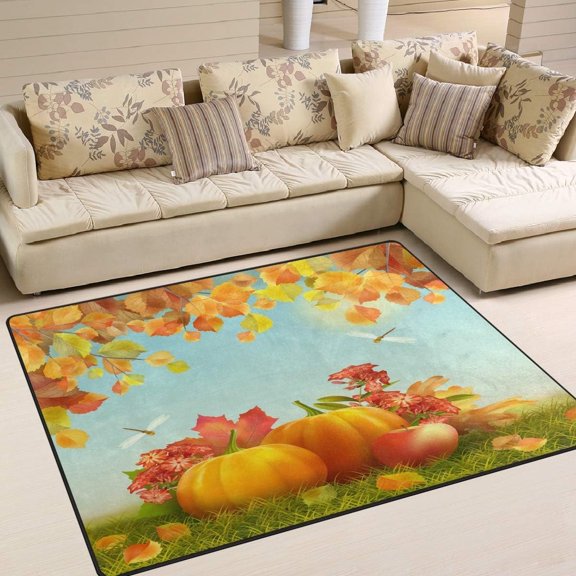 FREEAM Autumn Harvest Thanksgiving Day Pumpkin Maple Leaves Area Rug Rugs for Living Room Bedroom 5'3"x4'