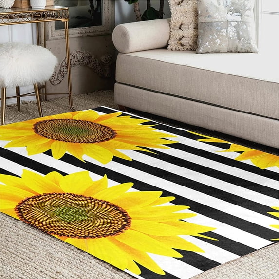 FREEAM Black White Striped Sunflower Area Rug Mat for Living Dining Dorm Room Bedroom Home Decorative 5'3"x4'