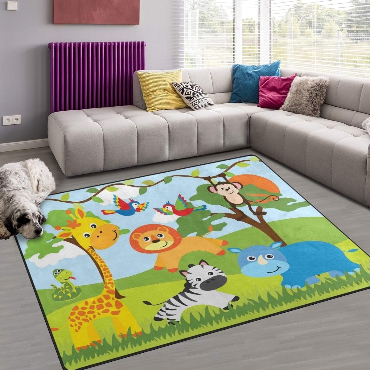 FREEAM Cute Area Rug 2'x3', Jungle Animals Lion Giraffe Bird Polyester ...