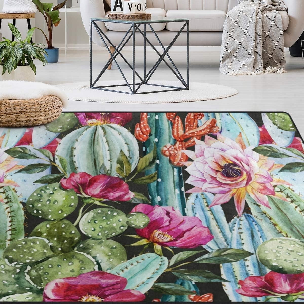 FREEAM Floral Cactus Non Slip Area Rug for Living Dinning Room Bedroom ...