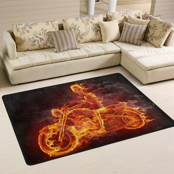 FREEAM Funny Skull Area Rug 4'x6', Fire Skeleton Riding Motorcycle Polyester Area Rug Mat for Living Dining Dorm Room Bedroom Home Decorative