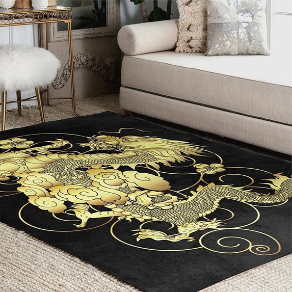 FREEAM Gold Japanese Dragon Flower Black Area Rug Mat for Living Dining Dorm Room Bedroom Home Decorative 5'3"x4'