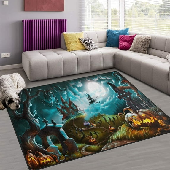 FREEAM Halloween Area Rug 2'x3', Mystery Graveyard Pumpkin Polyester Area Rug Mat for Living Dining Dorm Room Bedroom Home Decorative